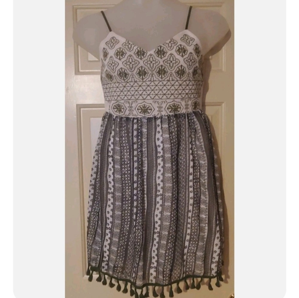 Anthropologie Entro Boho Dress Spaghetti Strap Tassels Dark Olive Green … - Picture 3 of 11
